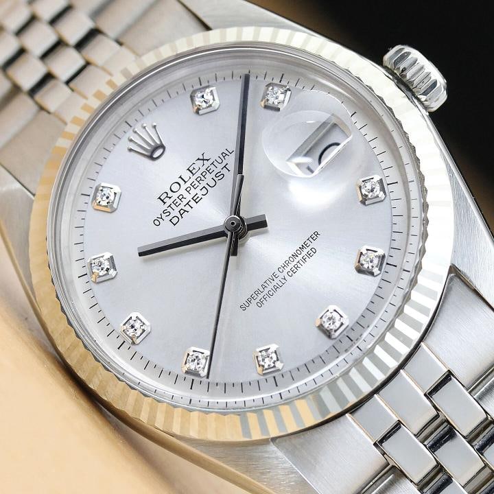 ROLEX MENS DATEJUST 1601 18K WHITE GOLD STAINLESS STEEL SILVER DIAMOND WATCH: Condition: Pre-owned - Excellent,Bezel Color: Silver,Max Wrist Size: 7.26-7.5 in,Number of Jewels: 26 Jewels,Indices: Diamond Markers, 12-Hour Dial, Multiple Hands,Bezel: Rolex 18K White Gold Fluted B