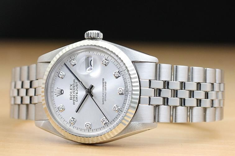 ROLEX MENS DATEJUST 1601 18K WHITE GOLD STAINLESS STEEL SILVER DIAMOND WATCH - 2