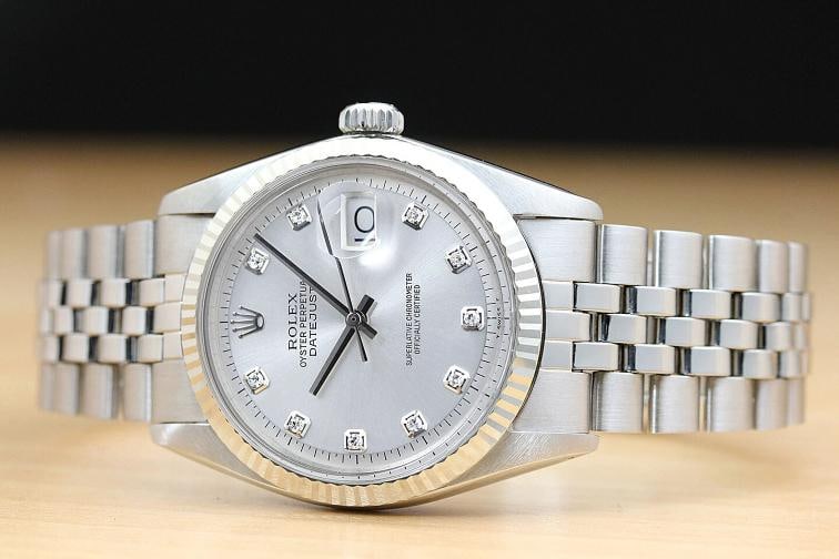 ROLEX MENS DATEJUST 1601 18K WHITE GOLD STAINLESS STEEL SILVER DIAMOND WATCH - 3