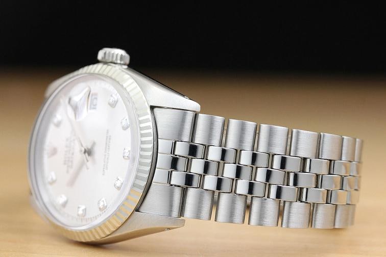 ROLEX MENS DATEJUST 1601 18K WHITE GOLD STAINLESS STEEL SILVER DIAMOND WATCH - 4