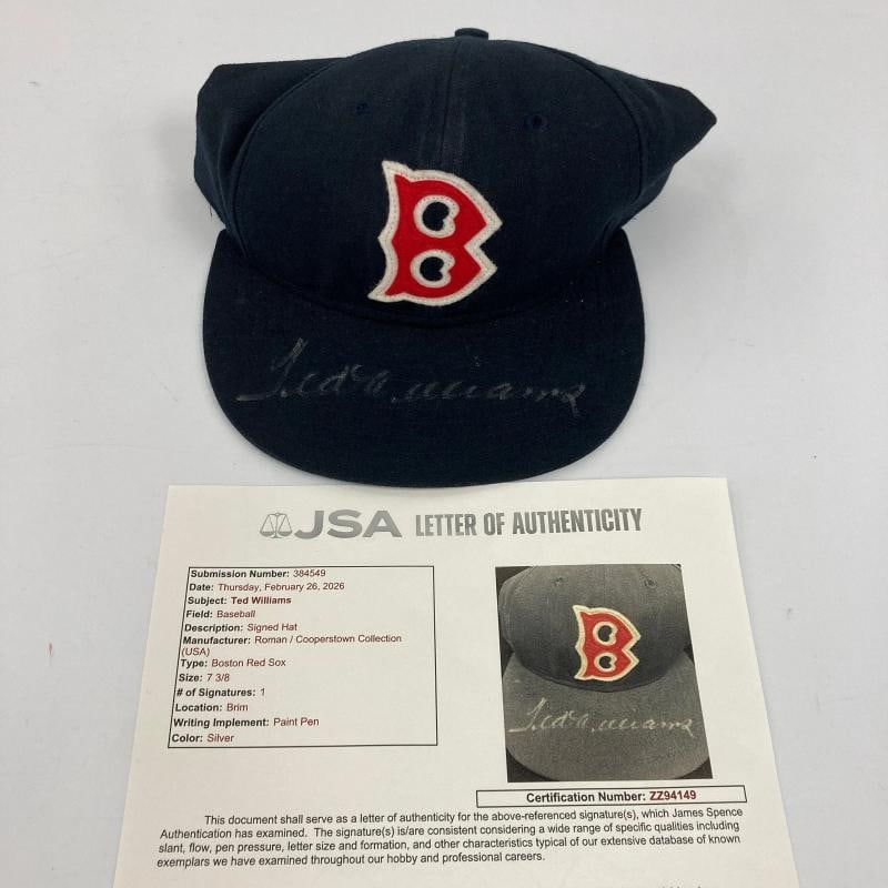 Ted Williams Signed Boston Red Sox Authentic Game Model Hat JSA COA: Sport: Baseball,Player: Ted Williams,Signed: Yes,Original/Reprint: Original,Autograph Authentication: James Spence Authentication (JSA),Product: Hat,Team: Boston Red Sox,Country of Origin: United