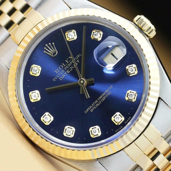 ROLEX MENS DATEJUST 16013 BLUE DIAMOND 18K YELLOW GOLD STAINLESS STEEL WATCH: Condition: Pre-owned - Excellent,Bezel Color: Gold,Max Wrist Size: 7.26-7.5 in,Number of Jewels: 27 Jewels,Indices: Diamond Markers, 12-Hour Dial,Bezel: Rolex 18K Yellow Gold Fluted Bezel,Band/Strap: