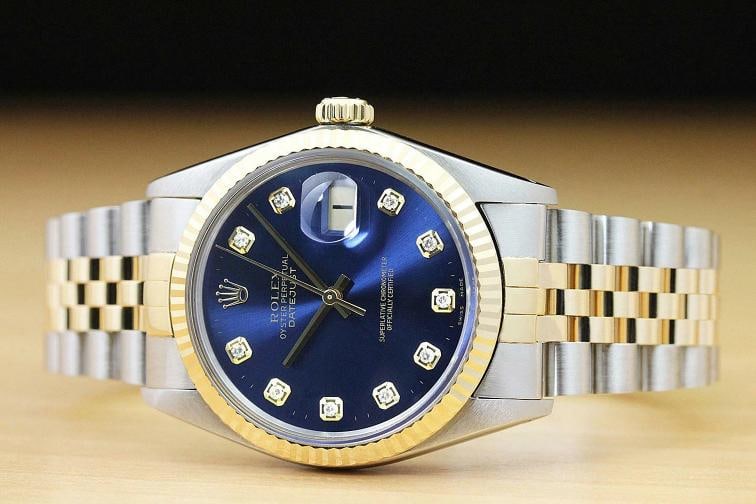 ROLEX MENS DATEJUST 16013 BLUE DIAMOND 18K YELLOW GOLD STAINLESS STEEL WATCH - 3