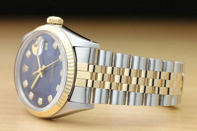 ROLEX MENS DATEJUST 16013 BLUE DIAMOND 18K YELLOW GOLD STAINLESS STEEL WATCH - 4