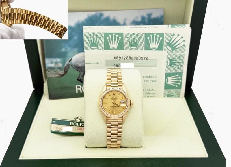 Rolex Ladies President Datejust 69178 Champagne Dial 18K Yellow Gold Box Paper: Condition: Pre-owned - Excellent,Bezel Color: Gold, Yellow,Year Manufactured: 1980-1989,Band/Strap: Rolex President,Case Color: Gold, Yellow,Department: Women,Bezel Type: Fluted,Watch Shape:
