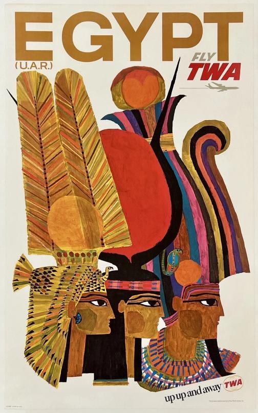 Original Vintage Poster EGYPT UAR FLY TWA UP UP AND AWAY Airline Travel Klein OL: Dimensions: 24.9 x 40.3 in. / 63.5 x 102 cm.; Circa: 1960s Original vintage "EGYPT (U.A.R) - FLY TWA - UP UP AND AWAY" airline travel poster, plate signed by its artist, DAVID KLEIN, and printed by