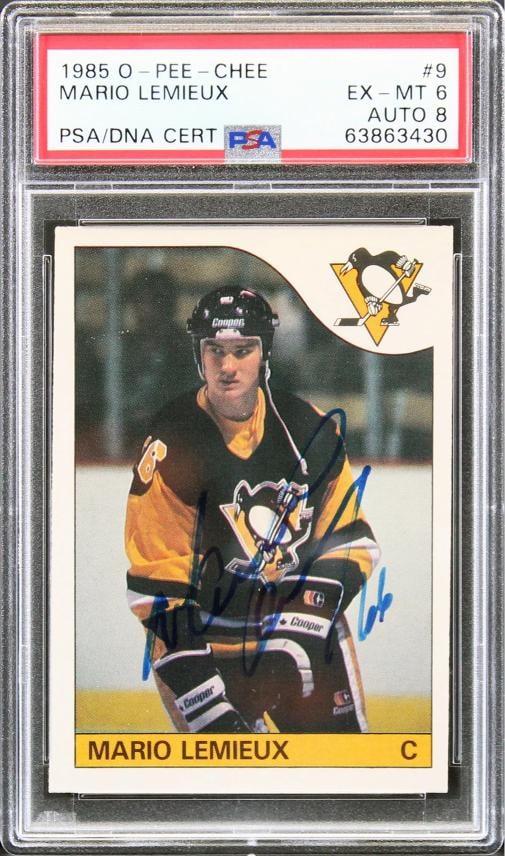 Mario Lemieux Signed 1985 O-Pee-Chee #9 RC Card Graded 6 Auto Grade 8 PSA Slab: Condition: Used: An item that has been used previously.Used: An item that has been used previously. Sport: Ice Hockey,League: NHL,Team: Pittsburgh Peguins,Graded: Yes,PRODUCT_COA: PSA,PRODUCT_SIGNED_B