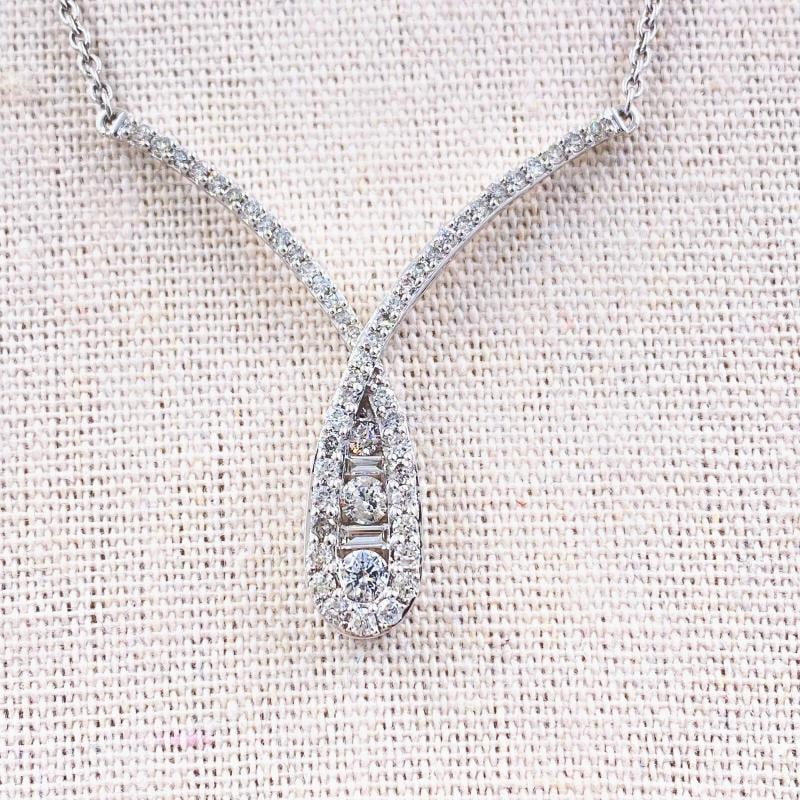 Ladies Round & Baguette Diamond Crossover Necklace 14kt White Gold - 5