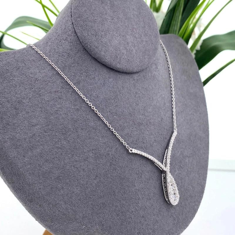 Ladies Round & Baguette Diamond Crossover Necklace 14kt White Gold - 8