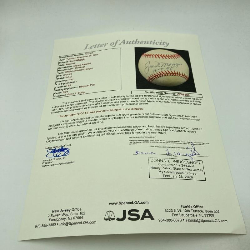 Joe Dimaggio "Hall Of Fame 1955" Signed American League Baseball JSA COA - 4