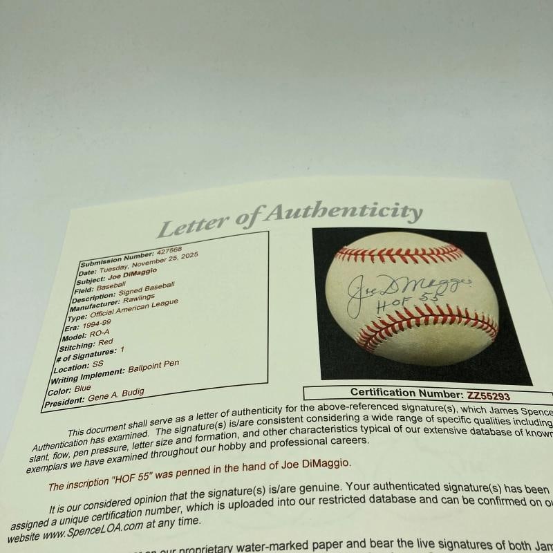Joe Dimaggio "Hall Of Fame 1955" Signed American League Baseball JSA COA - 7