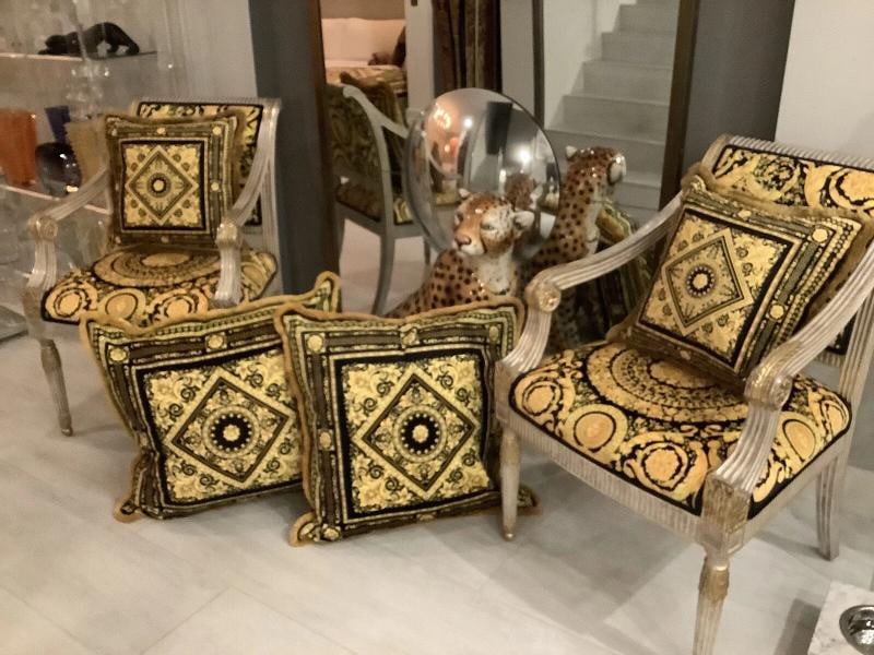 Set Of 4 Custom Made Carre Versace Black Gold Velvet Greek Key With Gold Fringe - 10