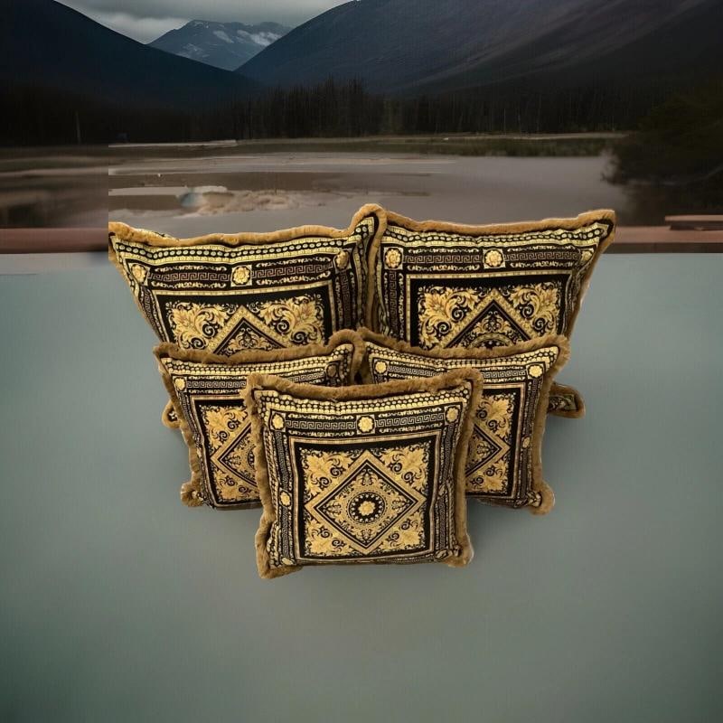 Set Of 4 Custom Made Carre Versace Black Gold Velvet Greek Key With Gold Fringe - 14