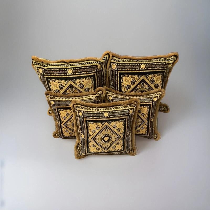 Set Of 4 Custom Made Carre Versace Black Gold Velvet Greek Key With Gold Fringe - 15