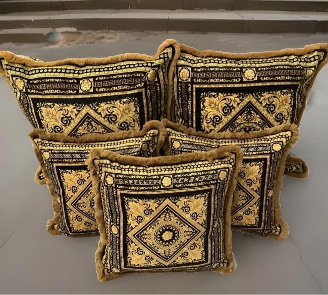 Set Of 4 Custom Made Carre Versace Black Gold Velvet Greek Key With Gold Fringe: Condition: Pre-owned: An item that has been used or worn previously. See the sellerÃ¢â‚¬â„¢s listing for full details ... Read moreabout the