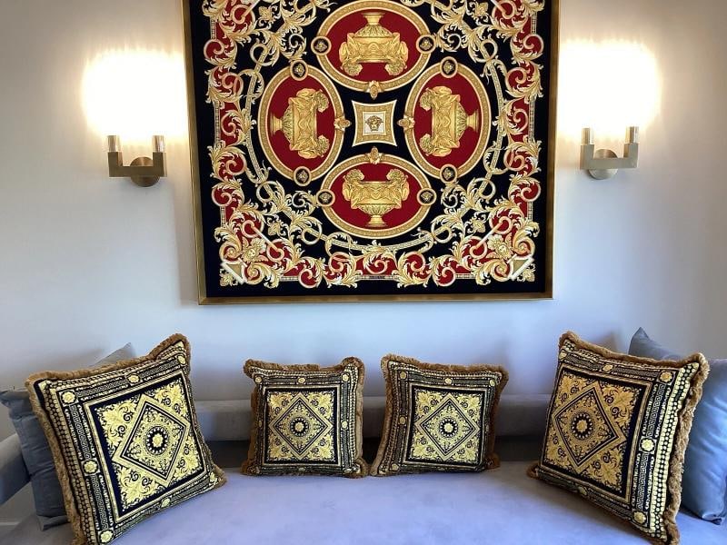Set Of 4 Custom Made Carre Versace Black Gold Velvet Greek Key With Gold Fringe - 2