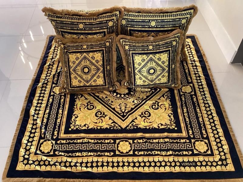 Set Of 4 Custom Made Carre Versace Black Gold Velvet Greek Key With Gold Fringe - 4