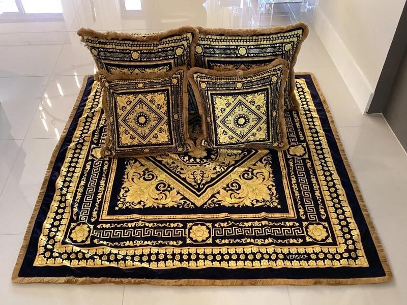 Set Of 4 Custom Made Carre Versace Black Gold Velvet Greek Key With Gold Fringe - 5