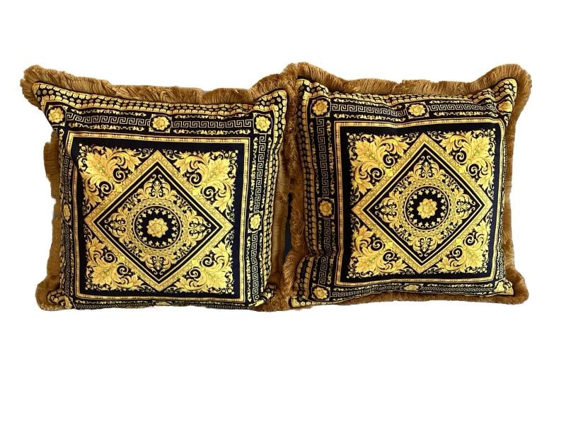 Set Of 4 Custom Made Carre Versace Black Gold Velvet Greek Key With Gold Fringe - 6