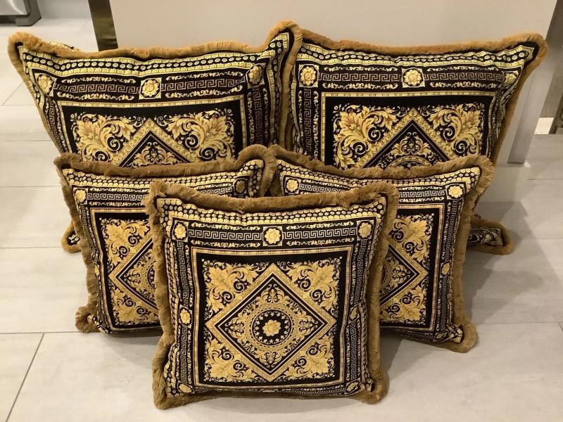Set Of 4 Custom Made Carre Versace Black Gold Velvet Greek Key With Gold Fringe - 9
