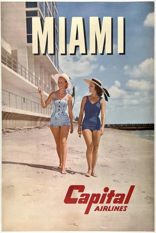 Original Vintage Poster MIAMI CAPITAL AIRLINES Airline Travel Tourism Florida OL: Dimensions: 23.9 x 35.4 in. / 60.7 x 90 cm.; Circa: 1950s Original vintage "MIAMI- CAPITAL AIRLINES" airline travel poster, designed by an anonymous artist, and printed circa 1950s.