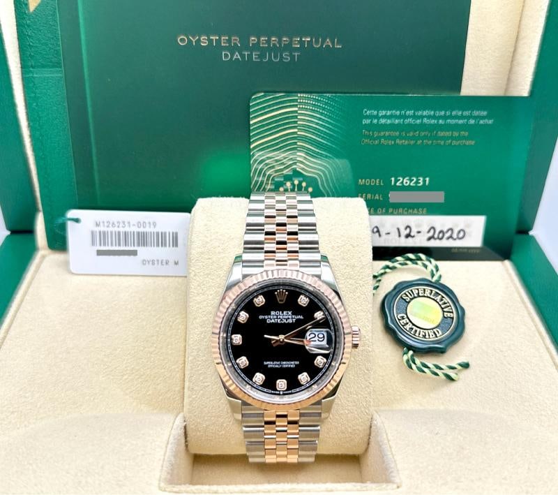 Rolex Datejust 36 126231 Black Diamond Dial 18k Rose Gold Steel Box Paper: Condition: Pre-owned - Excellent,Bezel Color: Rose Gold,Indices: Diamond Markers,Year Manufactured: 2020-Now,Band/Strap: Rolex Jubilee,Case Color: Silver,Department: Men,Bezel Type: Fluted,Watch Shape