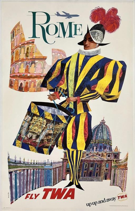 Original Vintage Poster ROME FLY TWA UP UP AND AWAY Airline Travel Tourism OL: Dimensions: 25 x 39.8 in. / 63.5 x 101 cm.; Circa: 1967 Original vintage "ROME - FLY TWA - UP UP AND AWAY" airline travel poster, plate signed by its artist, DAVID KLEIN, and printed by LITHO IN