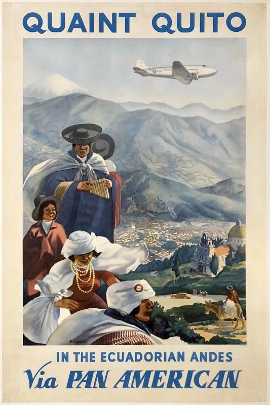 Original Vintage Poster PAN AMERICAN QUITO Pan Am Ecuador Airline Travel LINEN: Condition: Used,Country of Origin: United States,Modified Item: No,Type: Poster,Airline: Pan Am Condition: Good * (linen backed; restored edge and corner wear, tears, creasing, crinkling, loss; restor