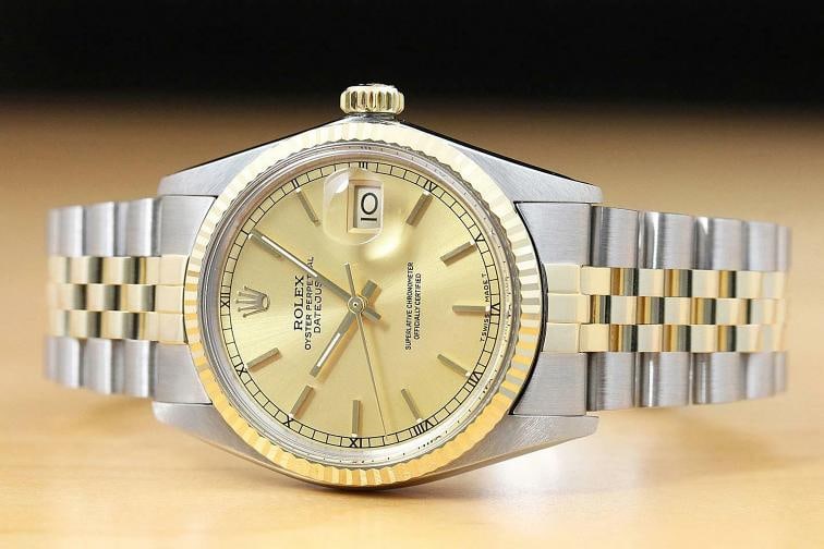 AUTHENTIC MENS ROLEX DATEJUST CHAMPAGNE 18K YELLOW GOLD STEEL 16013 2-TONE WATCH - 3