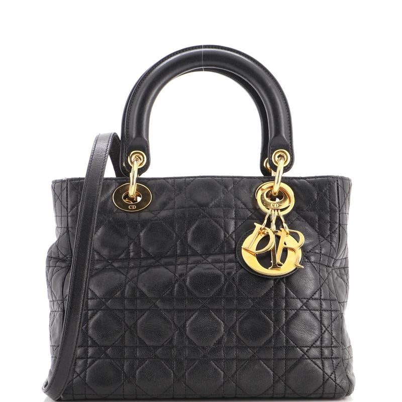 Christian Dior Vintage Lady Dior Bag Cannage Quilt Lambskin Medium: Condition: Pre-owned - Good,Brand: Christian Dior,Exterior Material: Leather,Style: Top Handle,Exterior Color: Black,Department: Women,Size: Medium,Accessories: With Strap