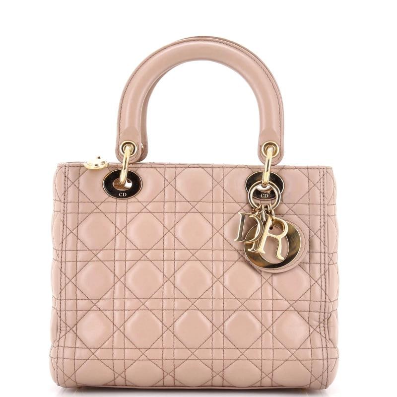 Christian Dior Lady Dior Bag Cannage Quilt Lambskin Medium: Condition: Pre-owned - Good,Brand: Christian Dior,Exterior Material: Leather,Style: Top Handle,Exterior Color: Neutral,Department: Women,Size: Medium,Accessories: Dust Bag, With Strap