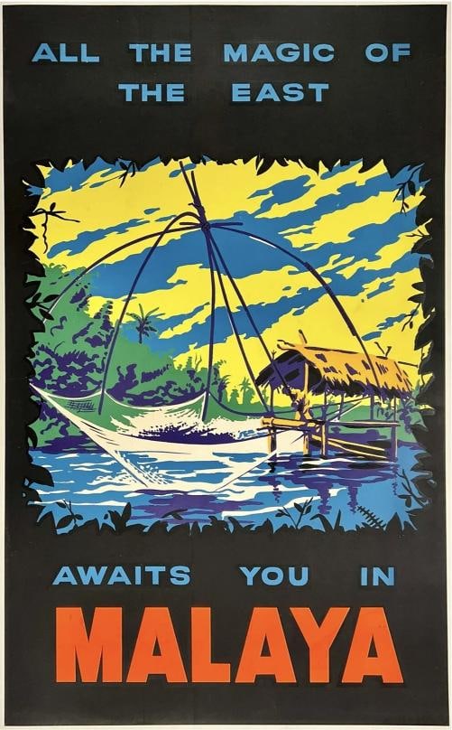 Original Vintage Poster MAGIC AWAITS YOU IN MALAYA Asia Travel Singapore LINEN (1 of 5)
