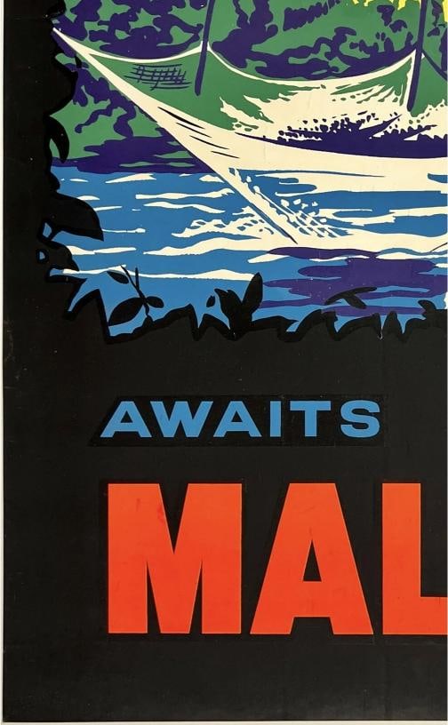 Original Vintage Poster MAGIC AWAITS YOU IN MALAYA Asia Travel Singapore LINEN - 4