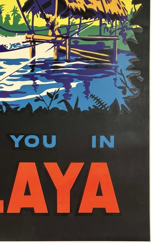 Original Vintage Poster MAGIC AWAITS YOU IN MALAYA Asia Travel Singapore LINEN - 5