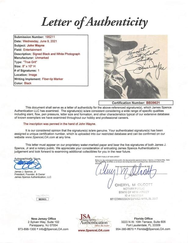 John Wayne True Grit "Good Luck" Authentic Signed 8x10 B&W Photo JSA #BB39621 - 3