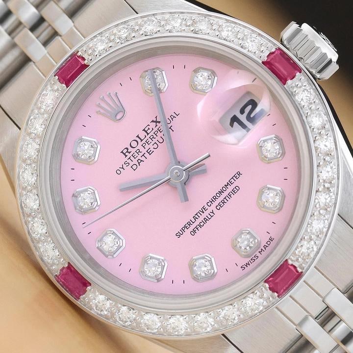 ROLEX LADIES DATEJUST 69174 18K WHITE GOLD PINK DIAMOND RUBY STEEL JUBILEE WATCH: Condition: Pre-owned - Excellent,Department: Women's,Brand: Rolex,Style: Dress/Formal, Luxury, Luxury: Dress Styles,Dial: Rolex Dial Ref. w/ Added Diamond Markers,Bezel: Custom 18K White Gold Diamond 