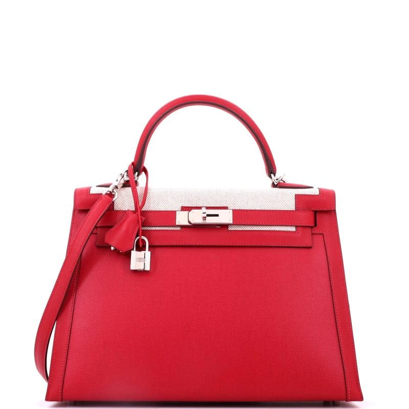 Hermes Kelly Handbag Red Berline Vache Canvas with Swift and Toile: Condition: Pre-owned - Excellent,Brand: Hermes,Exterior Material: Canvas Coated, Canvas Plain, Leather,Style: Top Handle,Exterior Color: Red,Department: Women,Size: 32,Accessories: Box, Lock, Dust Bag