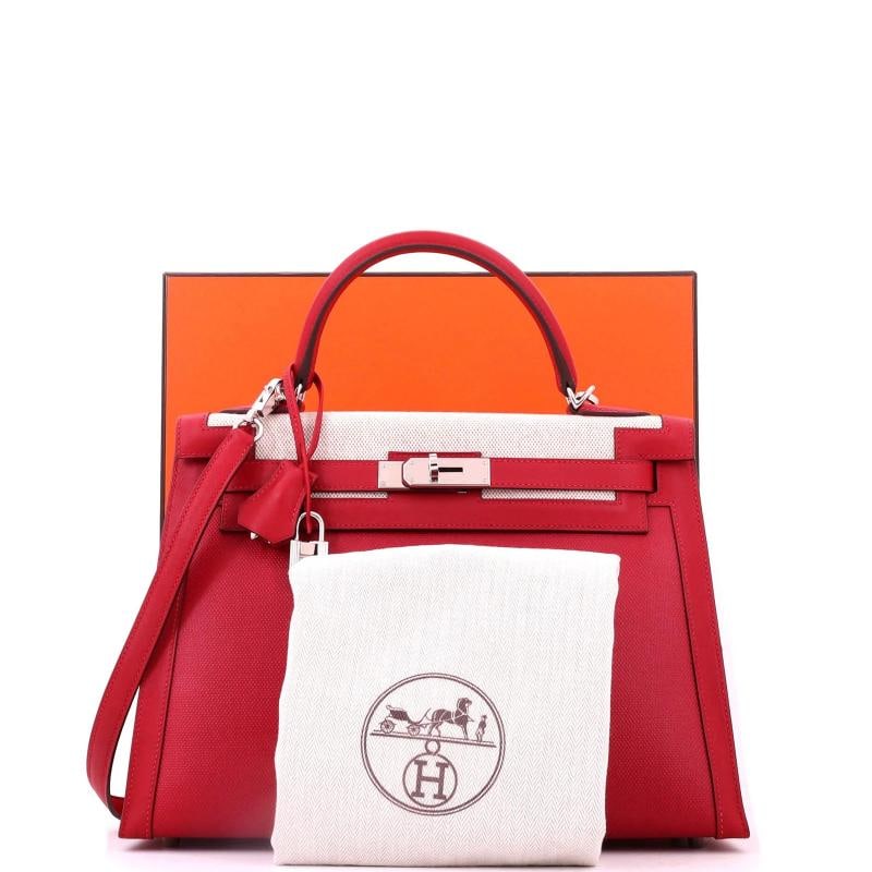 Hermes Kelly Handbag Red Berline Vache Canvas with Swift and Toile - 2