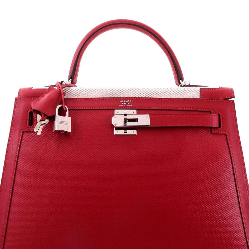 Hermes Kelly Handbag Red Berline Vache Canvas with Swift and Toile - 6