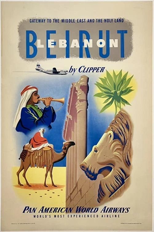 Original Vintage Poster PAN AM - BEIRUT BY CLIPPER Airline Travel Tourism LINEN: Condition: Used,Country of Origin: United States,Type: Poster,Airline: Pan Am Condition: Very Good * (linen backed; very minor edge and corner wear; some scattered edge tears; some toning along the