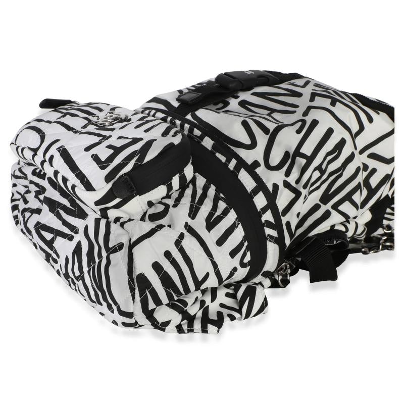 Chanel White Black Nylon Printed Coco Neige Backpack - 6