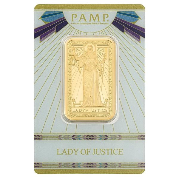 Pamp Suisse Lady of Justice 1 oz Gold Bar - In Assay Card: Shape: Bar,Precious Metal Content per Unit: 1 oz,Brand/Mint: Pamp Suisse,Fineness: 0.9999,Total Precious Metal Content: 1 Troy oz Fine Gold,Country of Origin: Switzerland,Composition: Gold