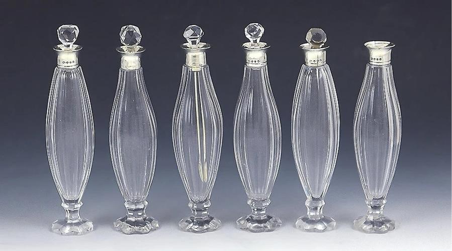 Fine English 6pc Sterling Silver Cut Glass Vanity Perfumes or Cruet Set - 2