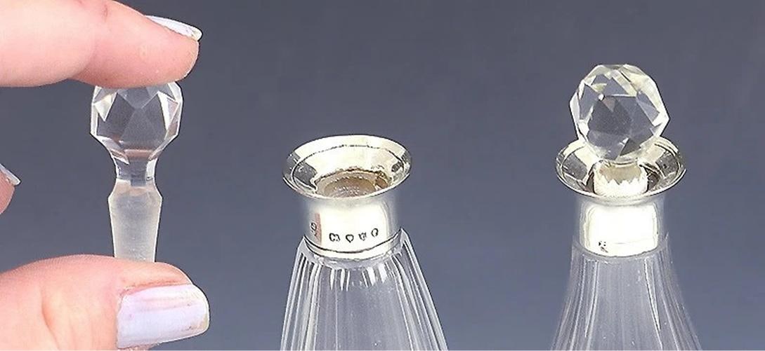 Fine English 6pc Sterling Silver Cut Glass Vanity Perfumes or Cruet Set - 3
