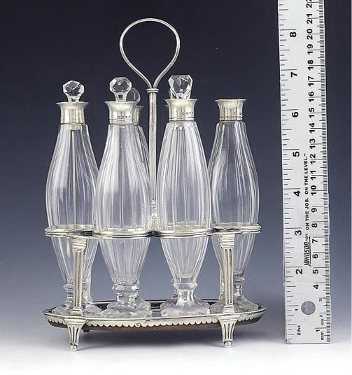 Fine English 6pc Sterling Silver Cut Glass Vanity Perfumes or Cruet Set - 5