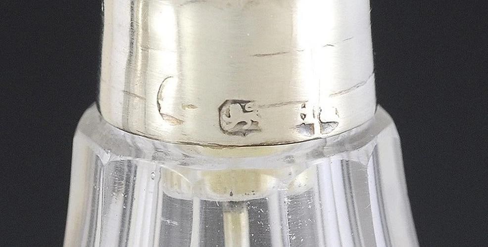 Fine English 6pc Sterling Silver Cut Glass Vanity Perfumes or Cruet Set - 8