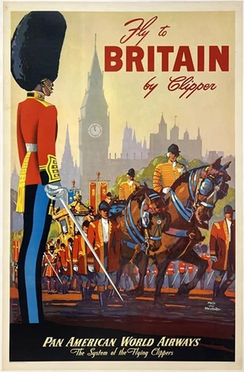 Original Vintage Poster PAN AM - BRITAIN BY CLIPPER Airline Travel Tourism LINEN: Condition: Used,Country of Origin: United States,Type: Poster,Airline: Pan Am Condition: Very Good / Good * (linen backed; minor edge and corner wear and some small tears; top corner tack holes; some 