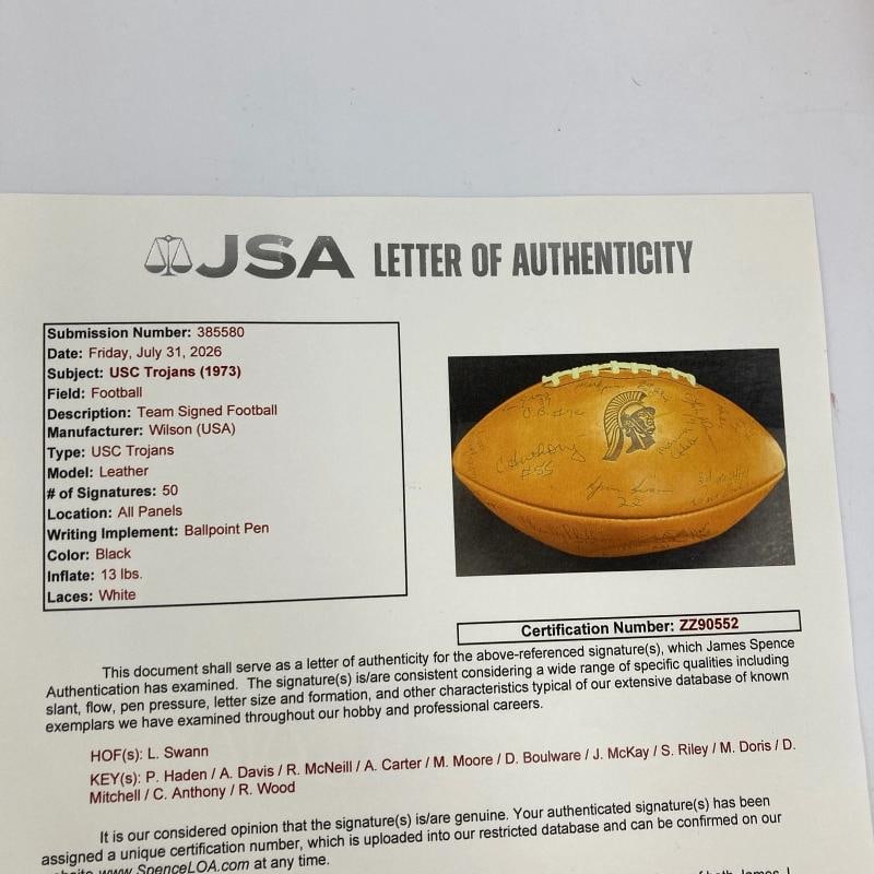 1973 USC Trojans Pac-8 champions Team Signed Football Lynn Swann JSA COA - 12