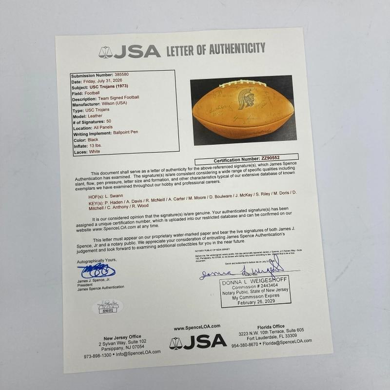 1973 USC Trojans Pac-8 champions Team Signed Football Lynn Swann JSA COA - 2