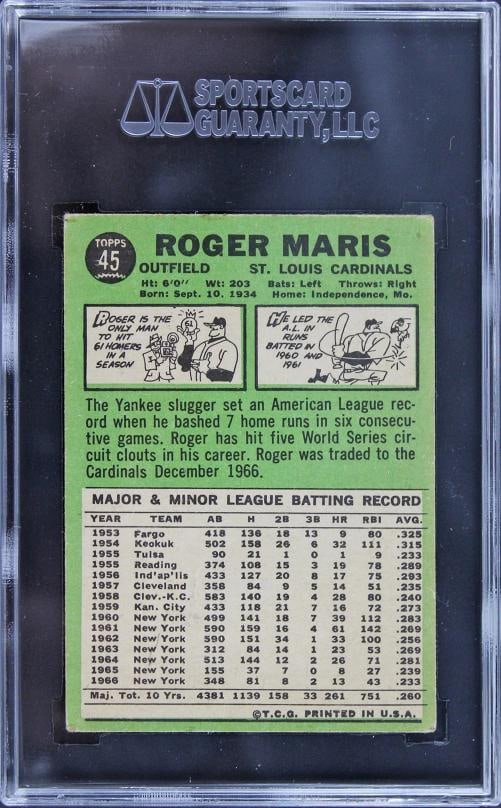 Yankees Roger Maris Authentic Signed 1967 Topps #45 Auto Card SGC Authentic - 2